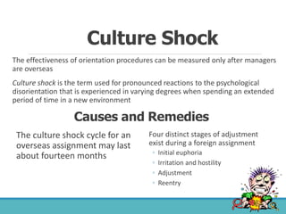 Culture Shock
The effectiveness of orientation procedures can be measured only after managers
are overseas
Culture shock is the term used for pronounced reactions to the psychological
disorientation that is experienced in varying degrees when spending an extended
period of time in a new environment
55
Causes and Remedies
The culture shock cycle for an
overseas assignment may last
about fourteen months
Four distinct stages of adjustment
exist during a foreign assignment
◦ Initial euphoria
◦ Irritation and hostility
◦ Adjustment
◦ Reentry
 