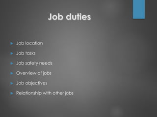  Job location
 Job tasks
 Job safety needs
 Overview of jobs
 Job objectives
 Relationship with other jobs
 