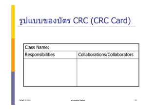 รูปแบบของบัตร CRC (CRC Card)


     Class Name:
     Responsibilities            Collaborations/Collaborators




OOAD 1/2551             ดร.สุขสถิต มีสถิตย                     22
 