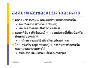 องคประกอบของแบบจําลองคลาส
    คลาส (classes) = ตนแบบสําหรับสรางออบเจ็ค
          คอนกรีตคลาส (Concrete classes)
          แอ็บสแตร็กคลาส (Abstract classes)
    แอททริบว (attributes) = หนวยขอมูลทีเกี่ยวของกับ
           ิ                             ่
    ลักษณะของคลาส
          ควรมีเฉพาะแอททริบิวที่สําคัญตอที่การทํางาน
    โอเปอรเรชัน (operations) = การกระทําทีออบเจ็ค
                                           ่
    ของคลาสสามารถทําได
          สนใจเฉพาะโอเปอรชนที่เกี่ยวของกับปญหา
                           ั


OOAD 1/2551                    ดร.สุขสถิต มีสถิตย       5
 