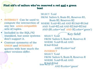 Find sid’s of sailors who’ve reserved a red and a green
                              boat

                                SELECT S.sid
                                FROM Sailors S, Boats B1, Reserves R1,
•   INTERSECT: Can be used to          Boats B2, Reserves R2
  compute the intersection of WHERE S.sid=R1.sid AND R1.bid=B1.bid
  any two union-compatible      AND S.sid=R2.sid AND R2.bid=B2.bid
  sets of tuples.               AND (B1.color=‘red’ AND B2.color=‘green’)
• Included in the SQL/92
                                                       Key field!
  standard, but some systems      SELECT S.sid
  don’t support it.               FROM Sailors S, Boats B, Reserves R
• Contrast symmetry of the        WHERE S.sid=R.sid AND
  UNION and INTERSECT             R.bid=B.bid
  queries with how much the                 AND B.color=‘red’
  other versions differ.          INTERSECT
                                  SELECT S.sid
                                  FROM Sailors S, Boats B, Reserves R
                                  WHERE S.sid=R.sid AND
                                  R.bid=B.bid
                             Slide No:L2-15
                                            AND B.color=‘green’
 