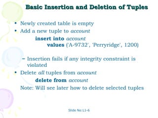 Basic Insertion and Deletion of Tuples

• Newly created table is empty
• Add a new tuple to account
       insert into account
            values ('A-9732', 'Perryridge', 1200)

   – Insertion fails if any integrity constraint is
     violated
• Delete all tuples from account
        delete from account
  Note: Will see later how to delete selected tuples



                     Slide No:L1-6
 