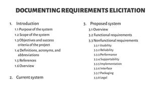 DOCUMENTINGREQUIREMENTSELICITATION
1. Introduction
1.1 Purpose of the system
1.2 Scope of the system
1.3 Objectives and success
criteria of the project
1.4 Definitions, acronyms, and
abbreviations
1.5 References
1.6 Overview
2. Current system
3. Proposed system
3.1 Overview
3.2 Functional requirements
3.3 Nonfunctional requirements
3.3.1 Usability
3.3.2 Reliability
3.3.3 Performance
3.3.4 Supportability
3.3.5 Implementation
3.3.6 Interface
3.3.7 Packaging
3.3.8 Legal
 