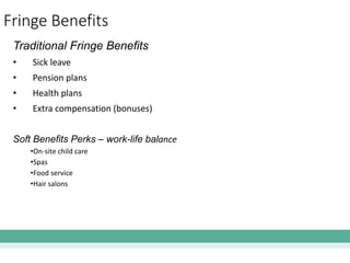 Fringe Benefits
Traditional Fringe Benefits
• Sick leave
• Pension plans
• Health plans
• Extra compensation (bonuses)
Soft Benefits Perks – work-life balance
•On-site child care
•Spas
•Food service
•Hair salons
 