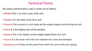Technical Terms:
The various technical terms used in arches are as follows:-
• Intrados:This is an inner curve of the arch.
• Extrados: It is the outer curve of an arch.
• Voussoirs:The voussoirs or arch stone are the wedge shaped units forming the arch.
• Crown: It is the highest part of the extrados.
• Keystone:This is the highest central wedge-shaped block of an arch.
• Haunch: It is the lower half of the arch between the crown and skewback.
• Springing points:These are the points from which the curve of the arch springs.
 