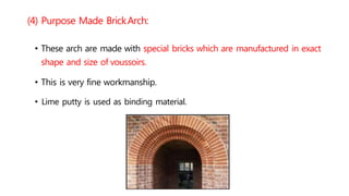 (4) Purpose Made BrickArch:
• These arch are made with special bricks which are manufactured in exact
shape and size of voussoirs.
• This is very fine workmanship.
• Lime putty is used as binding material.
 