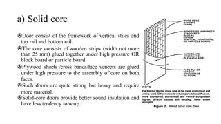 a) Solid core
>Door consist of the framework of vertical stiles and
top rail and bottom rail.
>The core consists of wooden strips (width not more
than 25 mm) glued together under high pressure OR
block board or particle board.
>Plywood sheets /cross bands/face veneers are glued
under high pressure to the assembly of core on both
faces.
>Such doors are quite strong but heavy and require
more material.
>Solid-core doors provide better sound insulation and
have less tendency to warp.
 
