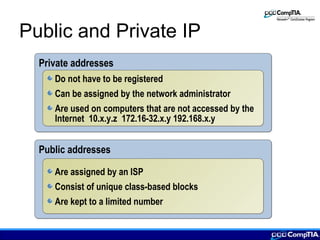 Public and Private IP
Public addressesPublic addresses
Private addressesPrivate addresses
Do not have to be registered
Can be assigned by the network administrator
Are used on computers that are not accessed by the
Internet 10.x.y.z 172.16-32.x.y 192.168.x.y
Do not have to be registered
Can be assigned by the network administrator
Are used on computers that are not accessed by the
Internet 10.x.y.z 172.16-32.x.y 192.168.x.y
Are assigned by an ISP
Consist of unique class-based blocks
Are kept to a limited number
Are assigned by an ISP
Consist of unique class-based blocks
Are kept to a limited number
 