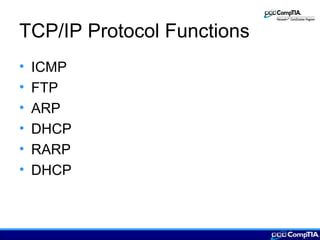 TCP/IP Protocol Functions
• ICMP
• FTP
• ARP
• DHCP
• RARP
• DHCP
 
