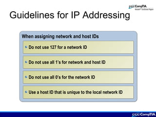 Guidelines for IP Addressing
When assigning network and host IDsWhen assigning network and host IDs
Do not use 127 for a network IDDo not use 127 for a network ID
Do not use all 1’s for network and host IDDo not use all 1’s for network and host ID
Do not use all 0’s for the network IDDo not use all 0’s for the network ID
Use a host ID that is unique to the local network IDUse a host ID that is unique to the local network ID
 