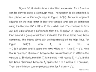 ©2004 Brooks/Cole
Figure 5-6 illustrates how a simplified expression for a function
can be derived using a Karnaugh map. The function to be simplified is
first plotted on a Karnaugh map in Figure 5-6(a). Terms in adjacent
squares on the map differ in only one variable and can be combined
using the theorem XY' + XT = X. Thus a'b'c and a'bc combine to form
a'c, and a'b'c and ab'c combine to form b'c, as shown in Figure 5-6(b).
loop around a group of minterms indicates that these terms have been
combined. The looped terms can be read directly off the map. Thus, for
Figure 5-6(b), term T1 is in the a
= 0 (a') column, and it spans the rows where c = 1, so T1 = a'c. Note
that b has been eliminated because the two minterms in T1 differ in the
variable b. Similarly, the term T2 is in the be = 01 row so T2 = b‘c, and a
has been eliminated because T2 spans the a = 0 and a = 1 columns.
Thus, the minimum sum-of-products form for F is a'c + b'c.
 