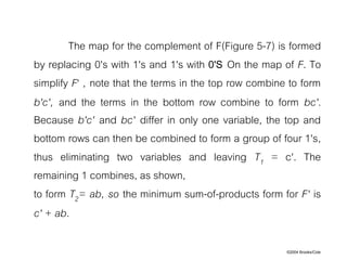 ©2004 Brooks/Cole
The map for the complement of F(Figure 5-7) is formed
by replacing 0's with 1's and 1's with 0'S On the map of F. To
simplify F‘ , note that the terms in the top row combine to form
b'c', and the terms in the bottom row combine to form bc'.
Because b'c' and bc' differ in only one variable, the top and
bottom rows can then be combined to form a group of four 1's,
thus eliminating two variables and leaving T1 = c'. The
remaining 1 combines, as shown,
to form T2= ab, so the minimum sum-of-products form for F' is
c' + ab.
 