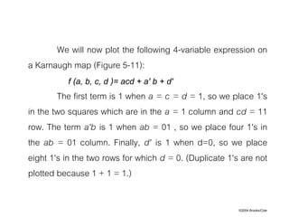 ©2004 Brooks/Cole
We will now plot the following 4-variable expression on
a Karnaugh map (Figure 5-11):
f (a, b, c, d )= acd + a' b + d'
The first term is 1 when a = c = d = 1, so we place 1's
in the two squares which are in the a = 1 column and cd = 11
row. The term a'b is 1 when ab = 01 , so we place four 1's in
the ab = 01 column. Finally, d' is 1 when d=0, so we place
eight 1's in the two rows for which d = 0. (Duplicate 1's are not
plotted because 1 + 1 = 1.)
 