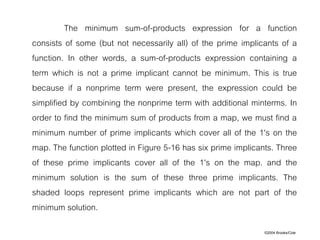 ©2004 Brooks/Cole
The minimum sum-of-products expression for a function
consists of some (but not necessarily all) of the prime implicants of a
function. In other words, a sum-of-products expression containing a
term which is not a prime implicant cannot be minimum. This is true
because if a nonprime term were present, the expression could be
simplified by combining the nonprime term with additional minterms. In
order to find the minimum sum of products from a map, we must find a
minimum number of prime implicants which cover all of the 1's on the
map. The function plotted in Figure 5-16 has six prime implicants. Three
of these prime implicants cover all of the 1's on the map. and the
minimum solution is the sum of these three prime implicants. The
shaded loops represent prime implicants which are not part of the
minimum solution.
 