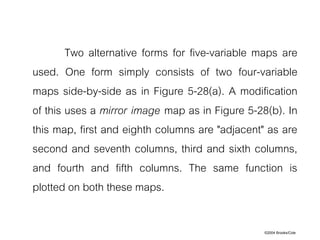 ©2004 Brooks/Cole
Two alternative forms for five-variable maps are
used. One form simply consists of two four-variable
maps side-by-side as in Figure 5-28(a). A modification
of this uses a mirror image map as in Figure 5-28(b). In
this map, first and eighth columns are "adjacent" as are
second and seventh columns, third and sixth columns,
and fourth and fifth columns. The same function is
plotted on both these maps.
 