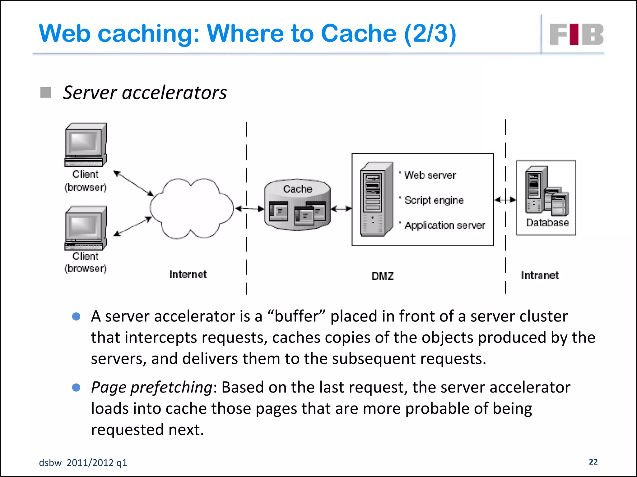 Web caching: Where to Cache (2/3)

 Server accelerators




         A server accelerator is a “buffer” placed in front of a server cluster
          that intercepts requests, caches copies of the objects produced by the
          servers, and delivers them to the subsequent requests.
         Page prefetching: Based on the last request, the server accelerator
          loads into cache those pages that are more probable of being
          requested next.
dsbw 2011/2012 q1                                                               22
 