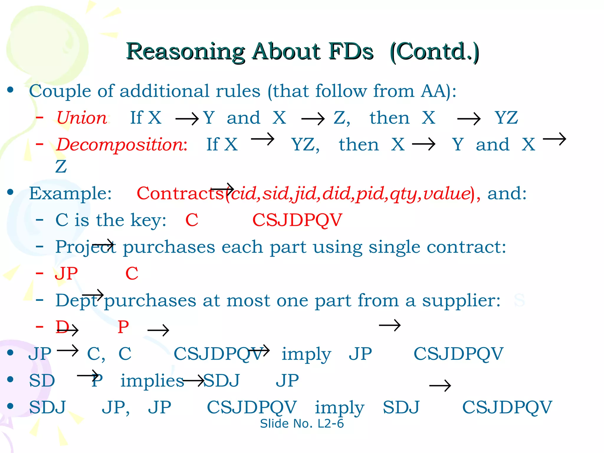 Reasoning About FDs  (Contd.) Couple of additional rules (that follow from AA): Union :  If X  Y  and  X  Z,  then  X  YZ Decomposition :   If X  YZ,  then  X  Y  and  X  Z Example:  Contracts( cid,sid,jid,did,pid,qty,value ),  and: C is the key:  C  CSJDPQV Project purchases each part using single contract:   JP  C Dept purchases at most one part from a supplier:   S D   P JP  C,  C  CSJDPQV  imply  JP  CSJDPQV SD  P  implies  SDJ  JP SDJ  JP,  JP  CSJDPQV  imply  SDJ  CSJDPQV 