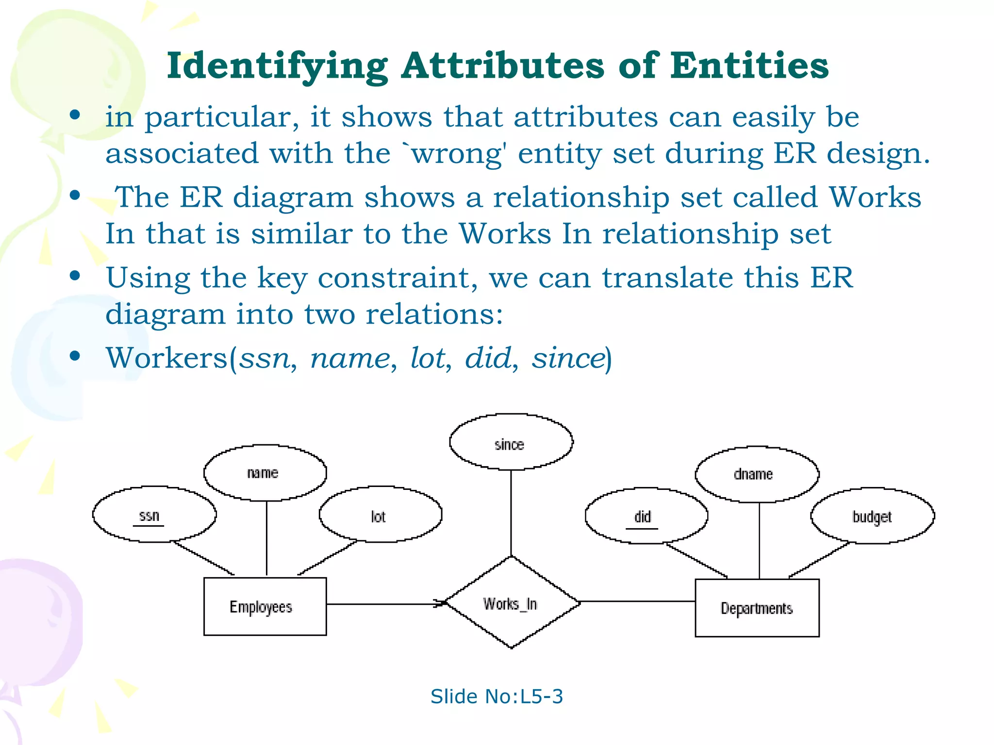 Identifying Attributes of Entities in particular, it shows that attributes can easily be associated with the `wrong' entity set during ER design. The ER diagram shows a relationship set called Works In that is similar to the Works In relationship set Using the key constraint, we can translate this ER diagram into two relations: Workers( ssn ,  name ,  lot ,  did ,  since ) 