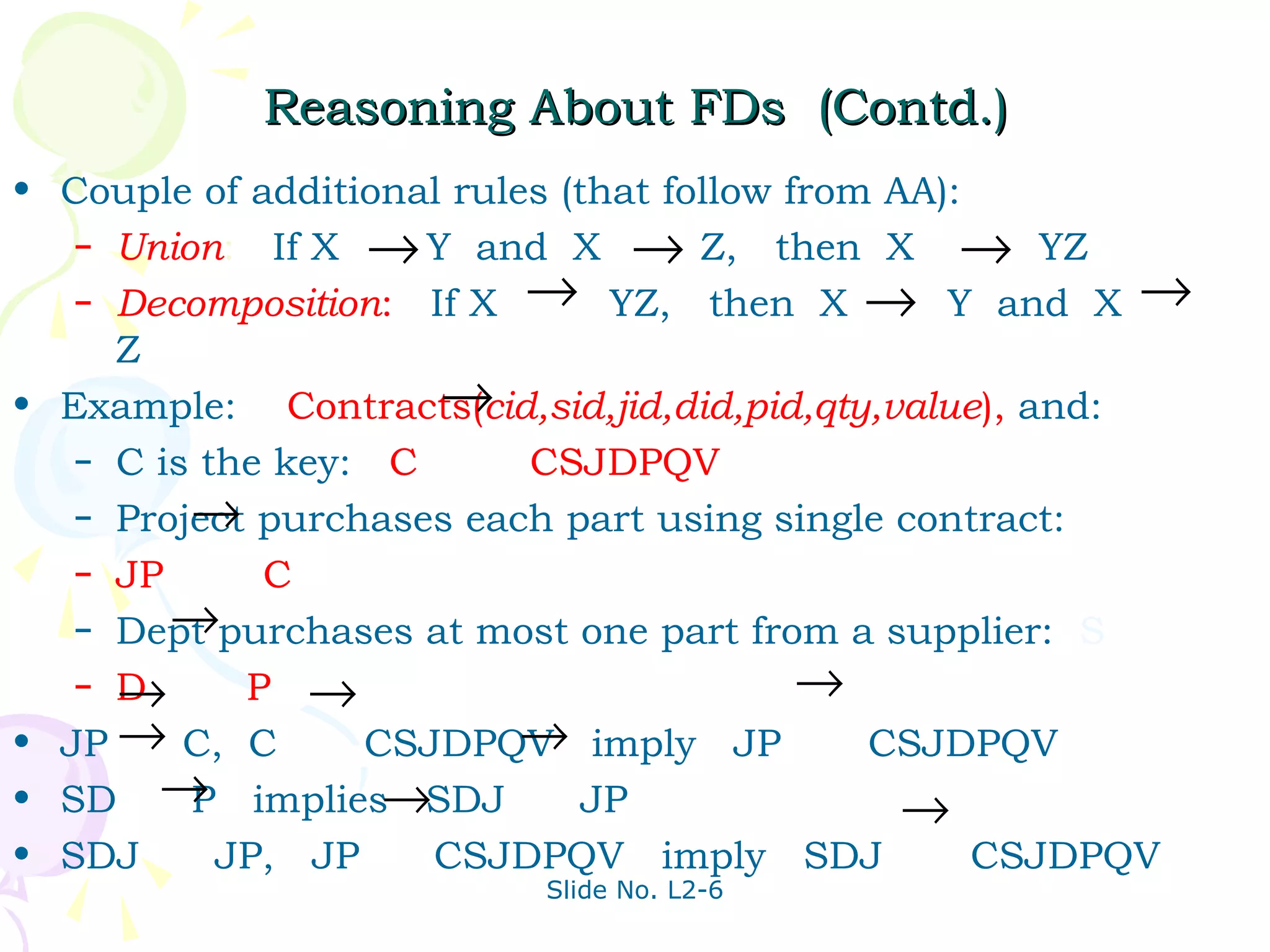 Reasoning About FDs (Contd.)
• Couple of additional rules (that follow from AA):
   – Union: If X → Y and X → Z, then X             → YZ
   – Decomposition: If X → YZ, then X → Y and X →
     Z
                      →
• Example: Contracts(cid,sid,jid,did,pid,qty,value), and:
   – C is the key: C       CSJDPQV
         →
   – Project purchases each part using single contract:
   – JP      C
        →
   – Dept purchases at most one part from a supplier: S

     →
   – D      P →                            →
• JP → C, C                →
                  CSJDPQV imply JP            CSJDPQV
• SD → implies→SDJ
         P                     JP               →
• SDJ      JP, JP    CSJDPQV imply SDJ              CSJDPQV
                          Slide No. L2-6
 