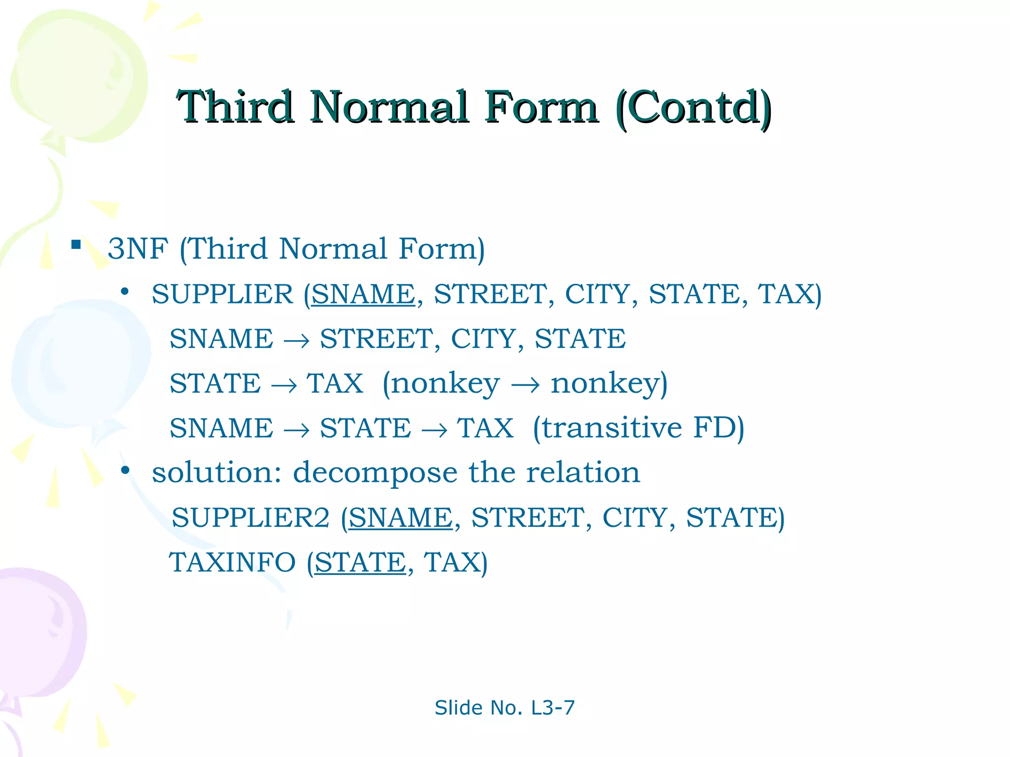 Third Normal Form (Contd)


 3NF (Third Normal Form)
   •   SUPPLIER (SNAME, STREET, CITY, STATE, TAX)
        SNAME → STREET, CITY, STATE
        STATE → TAX (nonkey → nonkey)
        SNAME → STATE → TAX (transitive FD)
   •   solution: decompose the relation
        SUPPLIER2 (SNAME, STREET, CITY, STATE)
        TAXINFO (STATE, TAX)




                         Slide No. L3-7
 