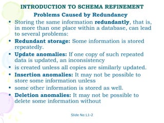 INTRODUCTION TO SCHEMA REFINEMENT
            Problems Caused by Redundancy
•   Storing the same information redundantly, that is,
    in more than one place within a database, can lead
    to several problems:
•   Redundant storage: Some information is stored
    repeatedly.
•   Update anomalies: If one copy of such repeated
    data is updated, an inconsistency
•   is created unless all copies are similarly updated.
•   Insertion anomalies: It may not be possible to
    store some information unless
•   some other information is stored as well.
•   Deletion anomalies: It may not be possible to
    delete some information without

                        Slide No:L1-2
 