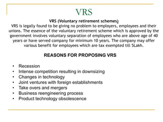 VRS
VRS (Voluntary retirement schemes)
VRS is legally found to be giving no problem to employers, employees and their
unions. The essence of the voluntary retirement scheme which is approved by the
government involves voluntary separation of employees who are above age of 40
years or have served company for minimum 10 years. The company may offer
various benefit for employees which are tax exempted till 5Lakh.
REASONS FOR PROPOSING VRS
• Recession
• Intense competition resulting in downsizing
• Changes in technology
• Joint ventures with foreign establishments
• Take overs and mergers
• Business reengineering process
• Product technology obsolescence
 