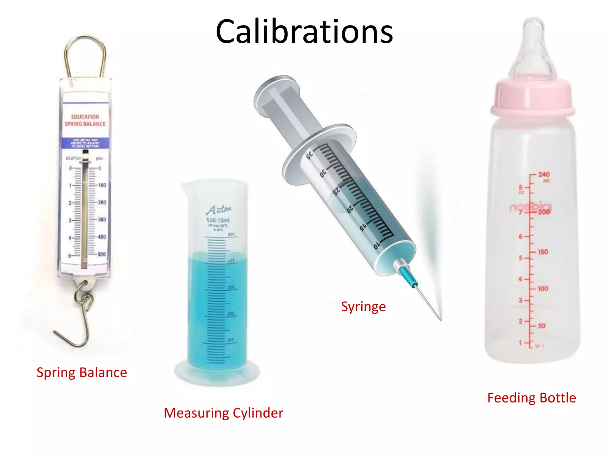 Calibrations
Spring Balance
Syringe
Measuring Cylinder
Feeding Bottle
 