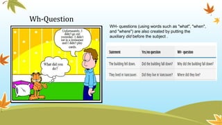 Wh-Question
WH- questions (using words such as "what", "when",
and "where") are also created by putting the
auxiliary did before the subject .
