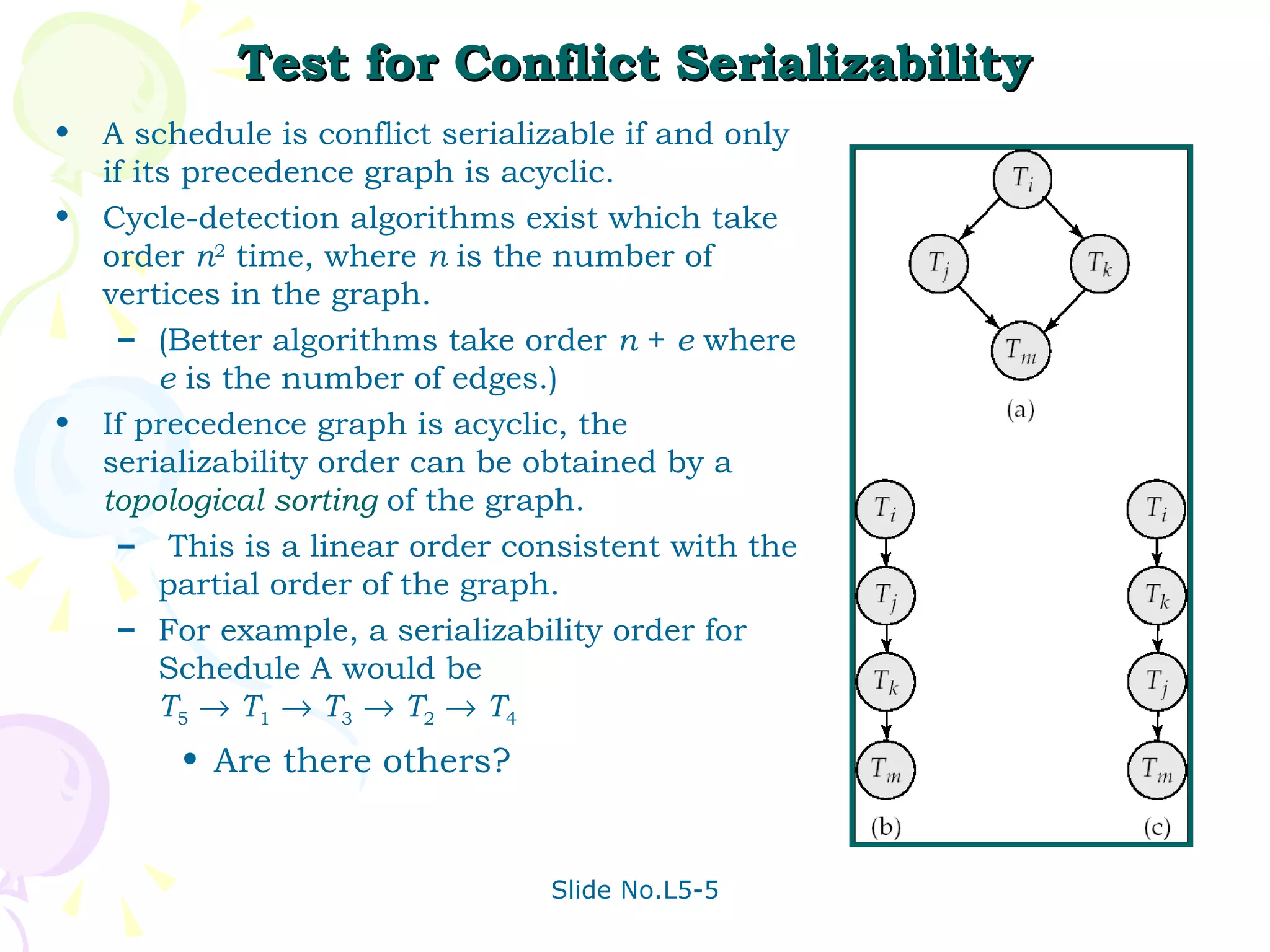 Test for Conflict Serializability A schedule is conflict serializable if and only if its precedence graph is acyclic. Cycle-detection algorithms exist which take order  n 2  time, where  n  is the number of vertices in the graph.  (Better algorithms take order  n  +  e  where  e  is the number of edges.) If precedence graph is acyclic, the serializability order can be obtained by a  topological sorting  of the graph.  This is a linear order consistent with the partial order of the graph. For example, a serializability order for Schedule A would be T 5      T 1      T 3      T 2      T 4 Are there others? 