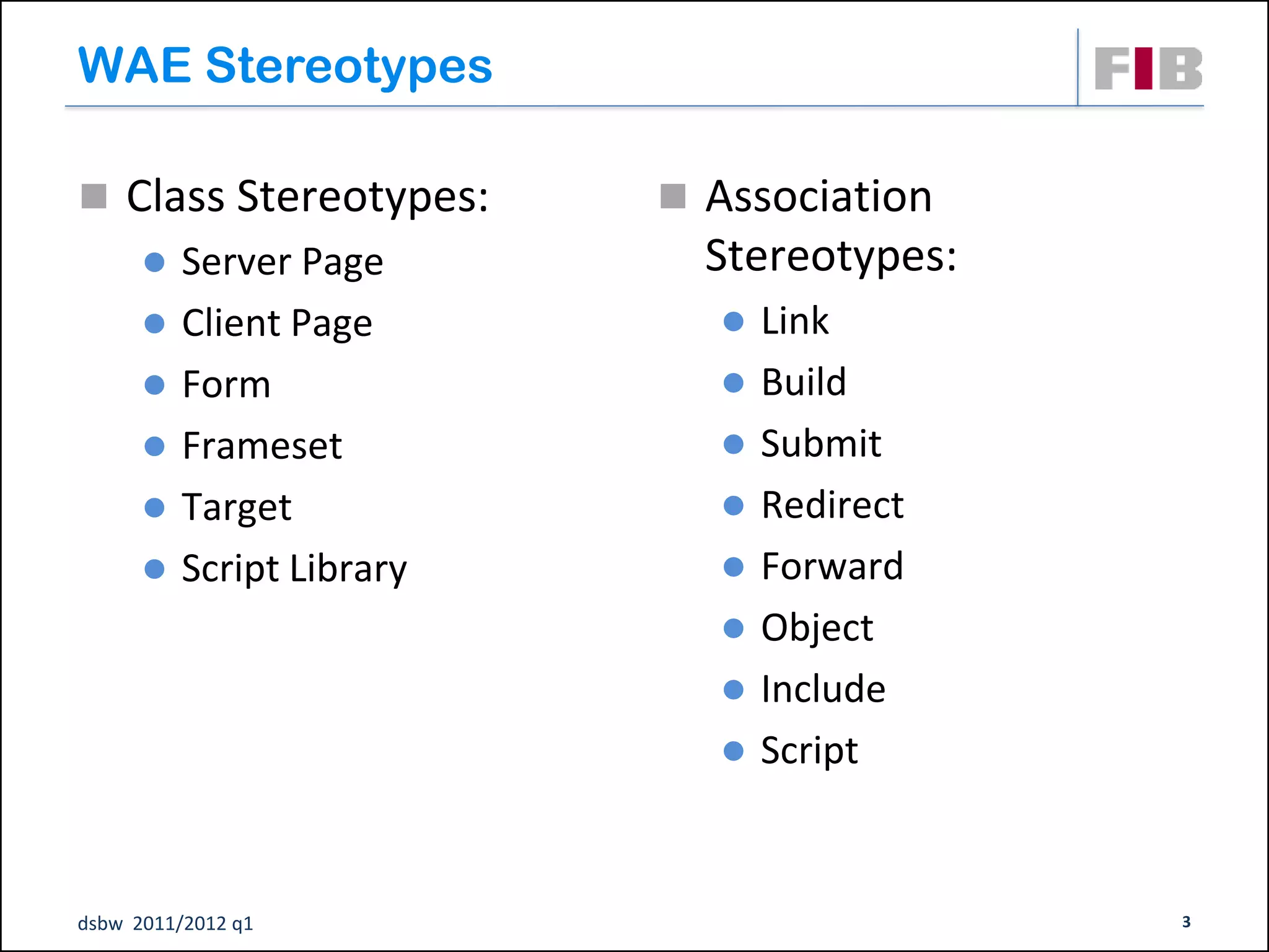 WAE Stereotypes

 Class Stereotypes:      Association
       Server Page        Stereotypes:
       Client Page         Link
       Form                Build
       Frameset            Submit
       Target              Redirect
       Script Library      Forward
                            Object
                            Include
                            Script



dsbw 2011/2012 q1                         3
 