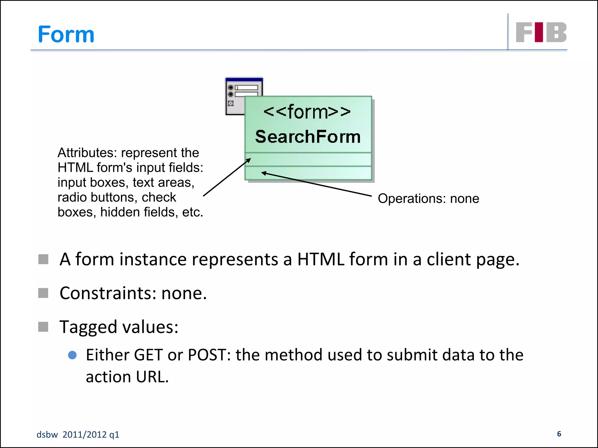 Form



    Attributes: represent the
    HTML form's input fields:
    input boxes, text areas,
    radio buttons, check                       Operations: none
    boxes, hidden fields, etc.


 A form instance represents a HTML form in a client page.
 Constraints: none.

 Tagged values:
         Either GET or POST: the method used to submit data to the
          action URL.


dsbw 2011/2012 q1                                                     6
 