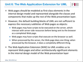 Unit 6: The Web Application Extension for UML

 Web pages should be modeled as first-class elements in the
    internal design model and represented alongside the classes and
    components that make up the rest of the Web presentation layer.
 However, the default building blocks of UML are not sufficient to
    express the necessary subtleties of Web pages as objects:
         Web pages may have scripts to be executed on the server, which
          interact with server-side resources before being sent to the browser
          as a completed Web page.
         Web pages may have scripts that execute on the browser as well.
         When processed by the server, the Web page does one thing; when
          processed by the browser, it does a completely different thing.
 The Web Application Extension (WAE) to UML enables us to
    represent Web pages and other architecturally significant elements
    in the internal design model of the Web presentation layer

dsbw 2011/2012 q1                                                                1
 