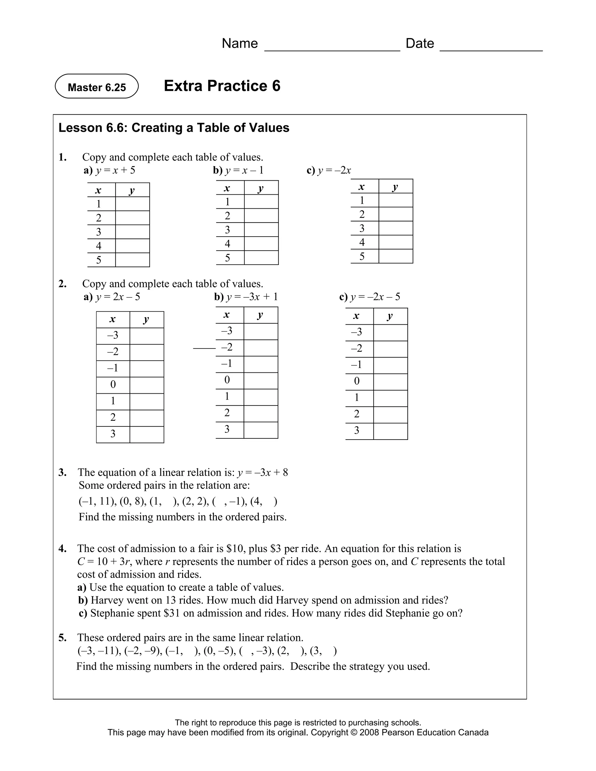 Name                                                  Date


     Master 6.25           Extra Practice 6

Lesson 6.6: Creating a Table of Values

1.     Copy and complete each table of values.
       a) y = x + 5               b) y = x – 1                    c) y = –2x
          x        y                       x         y                           x           y
          1                                1                                     1
          2                                2                                     2
          3                                3                                     3
          4                                4                                     4
          5                                5                                     5

2.     Copy and complete each table of values.
       a) y = 2x – 5              b) y = –3x + 1                           c) y = –2x – 5
              x        y                   x         y                         x         y
              –3                           –3                                  –3
              –2                           –2                                  –2
              –1                           –1                                  –1
               0                            0                                   0
               1                            1                                   1
               2                            2                                   2
               3                            3                                   3


3. The equation of a linear relation is: y = –3x + 8
   Some ordered pairs in the relation are:
   (–1, 11), (0, 8), (1, ), (2, 2), ( , –1), (4, )
   Find the missing numbers in the ordered pairs.

4. The cost of admission to a fair is $10, plus $3 per ride. An equation for this relation is
   C = 10 + 3r, where r represents the number of rides a person goes on, and C represents the total
   cost of admission and rides.
   a) Use the equation to create a table of values.
   b) Harvey went on 13 rides. How much did Harvey spend on admission and rides?
   c) Stephanie spent $31 on admission and rides. How many rides did Stephanie go on?

5. These ordered pairs are in the same linear relation.
   (–3, –11), (–2, –9), (–1, ), (0, –5), ( , –3), (2, ), (3, )
   Find the missing numbers in the ordered pairs. Describe the strategy you used.



                              The right to reproduce this page is restricted to purchasing schools.
              This page may have been modified from its original. Copyright © 2008 Pearson Education Canada
 