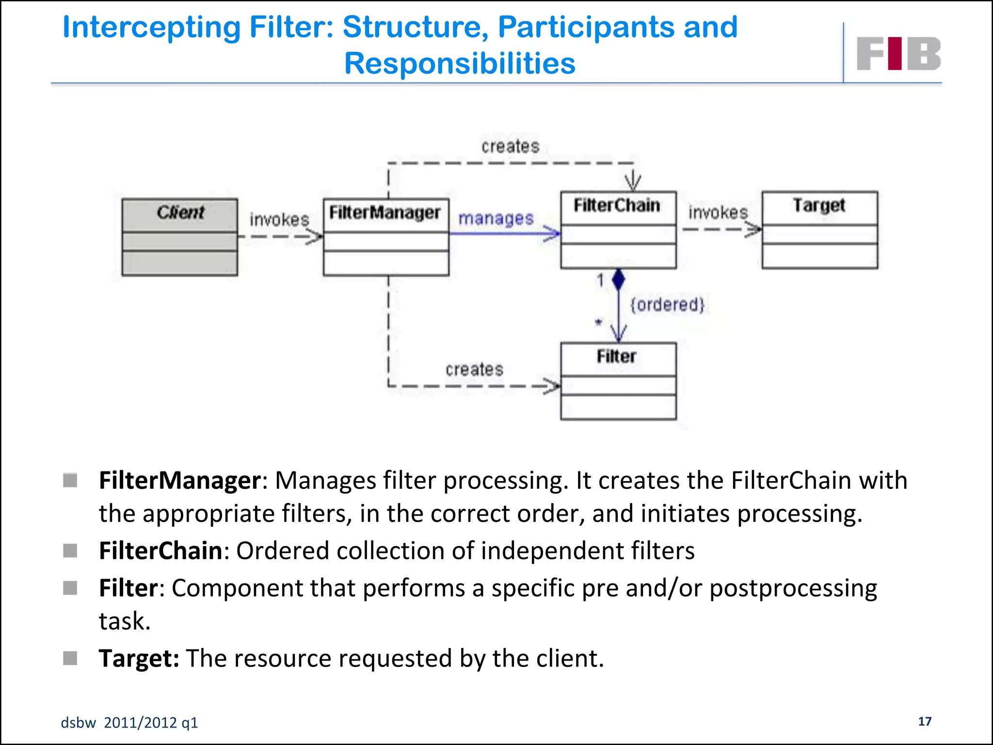 Intercepting Filter: Structure, Participants and
                     Responsibilities




 FilterManager: Manages filter processing. It creates the FilterChain with
  the appropriate filters, in the correct order, and initiates processing.
 FilterChain: Ordered collection of independent filters
 Filter: Component that performs a specific pre and/or postprocessing
  task.
 Target: The resource requested by the client.

dsbw 2011/2012 q1                                                             17
 