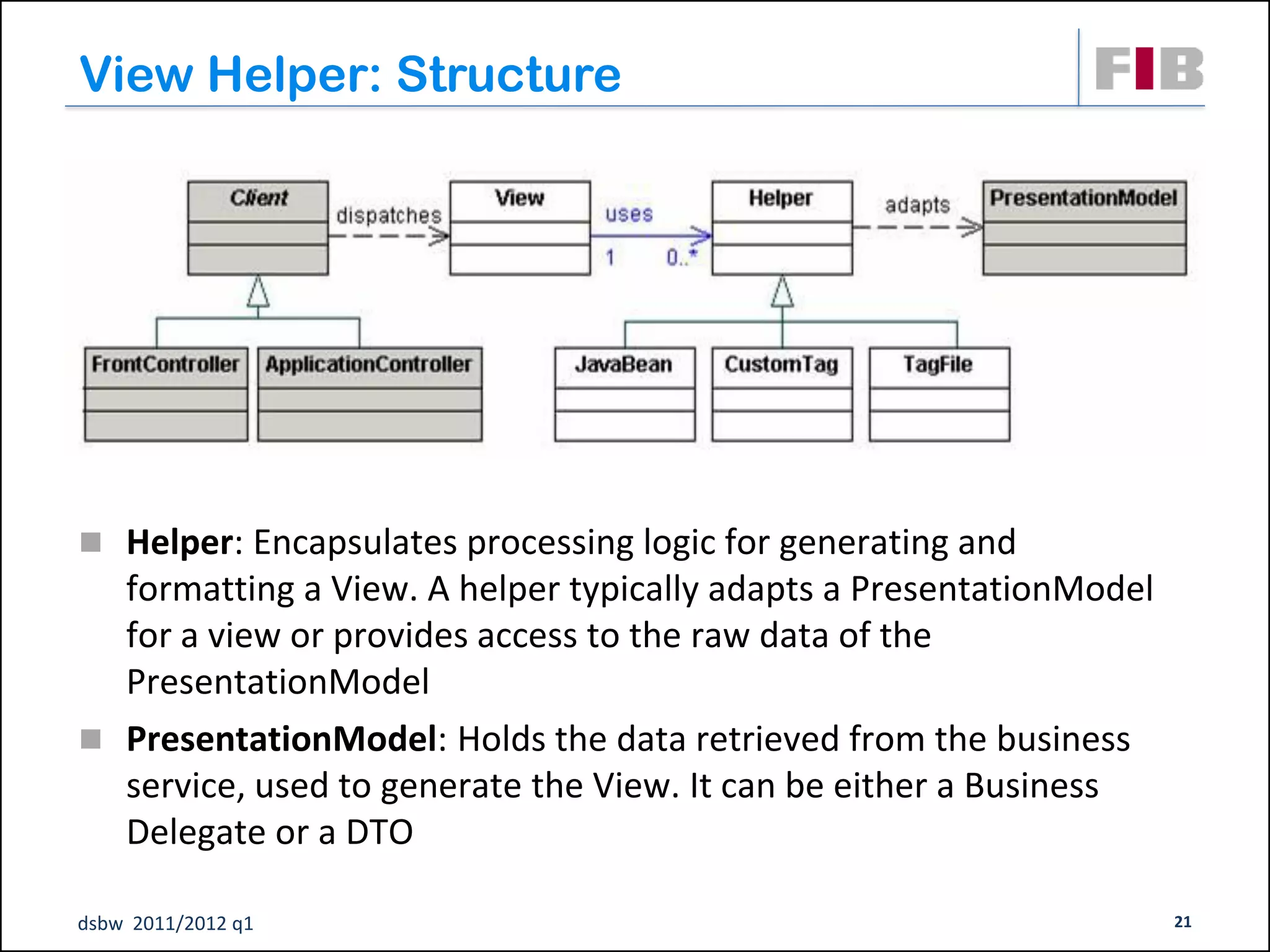 View Helper: Structure




 Helper: Encapsulates processing logic for generating and
  formatting a View. A helper typically adapts a PresentationModel
  for a view or provides access to the raw data of the
  PresentationModel
 PresentationModel: Holds the data retrieved from the business
  service, used to generate the View. It can be either a Business
  Delegate or a DTO

dsbw 2011/2012 q1                                                    21
 