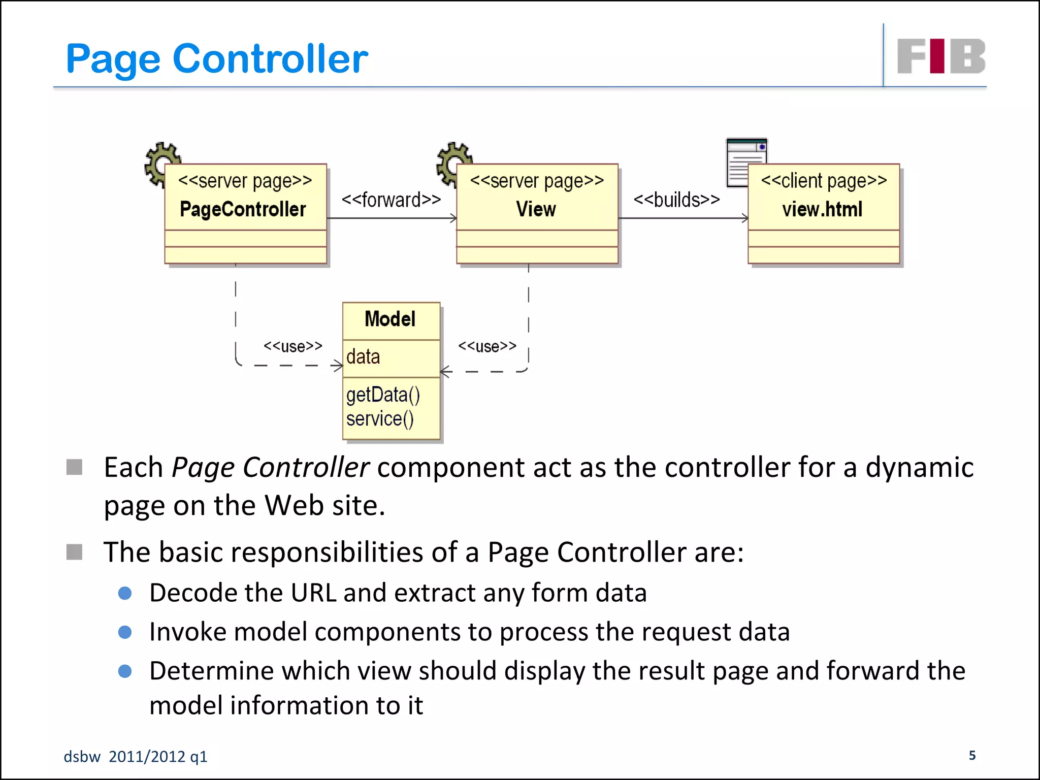 Page Controller




 Each Page Controller component act as the controller for a dynamic
  page on the Web site.
 The basic responsibilities of a Page Controller are:
         Decode the URL and extract any form data
         Invoke model components to process the request data
         Determine which view should display the result page and forward the
          model information to it
dsbw 2011/2012 q1                                                               5
 