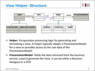 View Helper: Structure




 Helper: Encapsulates processing logic for generating and
  formatting a View. A helper typically adapts a PresentationModel
  for a view or provides access to the raw data of the
  PresentationModel
 PresentationModel: Holds the data retrieved from the business
  service, used to generate the View. It can be either a Business
  Delegate or a DTO

dsbw 2011/2012 q1                                                    21
 