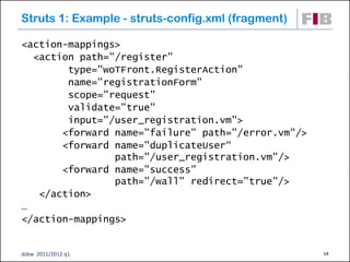 Struts 1: Example - struts-config.xml (fragment)

<action-mappings>
  <action path="/register"
        type="woTFront.RegisterAction"
        name="registrationForm"
        scope="request"
        validate="true"
        input="/user_registration.vm">
       <forward name="failure" path="/error.vm"/>
       <forward name="duplicateUser“
                path="/user_registration.vm"/>
       <forward name="success"
                path="/wall" redirect="true"/>
   </action>
…
</action-mappings>


dsbw 2011/2012 q1                                   14
 