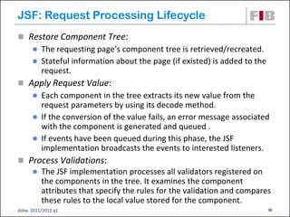 JSF: Request Processing Lifecycle
 Restore Component Tree:
       The requesting page’s component tree is retrieved/recreated.
       Stateful information about the page (if existed) is added to the
        request.
 Apply Request Value:
       Each component in the tree extracts its new value from the
        request parameters by using its decode method.
       If the conversion of the value fails, an error message associated
        with the component is generated and queued .
       If events have been queued during this phase, the JSF
        implementation broadcasts the events to interested listeners.
 Process Validations:
         The JSF implementation processes all validators registered on
          the components in the tree. It examines the component
          attributes that specify the rules for the validation and compares
          these rules to the local value stored for the component.
dsbw 2011/2012 q1                                                          30
 