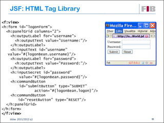 JSF: HTML Tag Library
<f:view>
<h:form id=”logonForm”>
  <h:panelGrid columns=”2”>
    <h:outputLabel for=”username”>
      <h:outputText value=”Username:”/>
    </h:outputLabel>
    <h:inputText id=”username”
   value=”#{logonBean.username}”/>
    <h:outputLabel for=”password”>
      <h:outputText value=”Password:”/>
    </h:outputLabel>
    <h:inputSecret id=”password”
         value=”#{logonBean.password}”/>
    <h:commandButton
         id=”submitButton” type=”SUBMIT”
                action=”#{logonBean.logon}”/>
    <h:commandButton
        id=”resetButton” type=”RESET”/>
  </h:panelGrid>
</h:form>
</f:view>
   dsbw 2011/2012 q1                            35
 