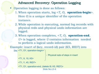 Advanced Recovery: Operation Logging
• Operation logging is done as follows:
   1. When operation starts, log <Ti, Oj, operation-begin>.
      Here Oj is a unique identifier of the operation
      instance.
   2. While operation is executing, normal log records with
      physical redo and physical undo information are
      logged.
   3. When operation completes, <Ti, Oj, operation-end,
      U> is logged, where U contains information needed
      to perform a logical undo information.
Example: insert of (key, record-id) pair (K5, RID7) into
  index I9 operation-begin>
      <T1, O1,
     ….                            Physical redo of steps in insert
     <T1, X, 10, K5>
     <T1, Y, 45, RID7>
     <T1, O1, operation-end, (delete I9, K5, RID7)>
                              Slide No.L5-6
 