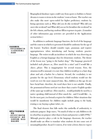 13 The Communicative Approach
Biographical database topics could vary from sports to hobbies to future
dreams to wants to items in the students’ room at home. The teacher can
also make this more open-ended for higher proficiency students by
listing questions such as What did you do this weekend? Who did you
meet this weekend? and What did you eat for breakfast this weekend? in
the left column, and having students fill in responses in pairs. (A number
of other information gap activities are provided in the Applications
section below.)
In addition to authentic language function, the level of the language
and the context in which it is presented should be authentic for the age of
the learner. Teachers should consider topic, grammar, and register
appropriateness when introducing and having students practice
language. The writer recalls an incidence in which she was observing an
English as a foreign language class for elementary students. The theme
of the lesson was “going to the barber shop.” The language practiced
included such phrases as, How much for a trim? and I would like a
shave, please. This is inappropriate for several reasons. First, the
situation itself is unusual; it is rare that children would go to a hair shop
alone and ask a barber for a haircut. Second, the vocabulary is not
genuine for the age level. Elementary school students would use the
word cut over the more nuanced trim. Also, children at this age do not
have facial hair; therefore, the word shave here is not suitable. Finally,
the grammatical forms used are not those that a native English speaker
of the same age would use. How much is... would probably be used by a
native speaking child instead of How much for... and I would like... is,
for the most part, too formal a register for children. Other situations that
would be inauthentic for children might include going to the bank,
renting a car, buying a plane ticket, etc.
The final element that falls under this umbrella of authenticity is
authentic purpose. Irujo states, “So much of what we ask children to do
in school has no purpose other than to learn and practice a skill (1998).”
Although practice plays a role in the language classroom, the teacher
should make an effort to translate what students do into some sort of
meaningful product. In an L1 context, if we write a letter, then we expect
语言水平和语境的真
实性
- 应针对学习者的年龄
- 在学生练习时，教师
应考虑话题、语法及
其他合理性
目的的真实性
- 将学生的课堂练习转
化为具有实际意义
的成果
 
