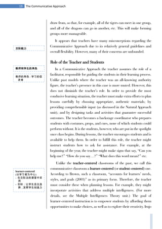 19 The Communicative Approach
draw from, so that, for example, all of the tigers can meet in one group,
and all of the dragons can go in another, etc. This will make forming
groups more manageable.
It appears that teachers have many misconceptions regarding the
Communicative Approach due to its relatively general guidelines and
overall flexibility. However, many of their concerns are unfounded.
Role of the Teacher and Students
In a Communicative Approach the teacher assumes the role of a
facilitator, responsible for guiding the students in their learning process.
Unlike past models where the teacher was an all-knowing authority
figure, the teacher’s presence in this case is more muted. However, this
does not diminish the teacher’s role. In order to provide the most
conducive learning situation, the teacher must make extra efforts to plan
lessons carefully by choosing appropriate, authentic materials; by
providing comprehensible input (as discussed in the Natural Approach
unit); and by designing tasks and activities that guarantee successful
outcomes. The teacher becomes a backstage coordinator who prepares
students with costumes, props, and cues, none of which students could
perform without. It is the students, however, who are put in the spotlight
once class begins. During lessons, the teacher encourages students and is
available to help them. In order to fulfill this role, the teacher might
instruct students how to ask for assistance. For example, at the
beginning of the year, the teacher might make signs that say, “Can you
help me?” “How do you say…?” “What does this word mean?” etc.
Unlike the teacher-centered classrooms of the past, we call this
communicative classroom a learner-centered (or student-centered) one.
According to Brown, such a classroom, “accounts for learners’ needs,
styles, and goals (2001)” as its primary focus. Therefore, the teacher
must consider these when planning lessons. For example, they might
incorporate activities that address multiple intelligences. (For more
details, see the Multiple Intelligences Theory unit.) The goal of
learner-centered instruction is to empower students by affording them
opportunities to make choices, as well as to explore their creativity. Irujo
教师和学生的角色
教师的角色：学习的促
进者
learner-centered
(以学习者为中心)
- 在交际法的课堂中采
用
- 目标：让学生自主选
择，发挥学生创造力
交际能力
 