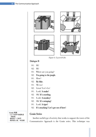 30 The Communicative Approach
Dialogue B
S1: Hi!
S2: Hi!
S1: Where are you going?
S2: I’m going to the jungle.
S1: How?
S2: By bike.
S1: Me too!
S2: Great! Let’s Go!
S1: Look! A snake!
S2: Oh! It’s crawling.
S1: Look! A monkey!
S2: Oh! It’s swinging!
S1: Look! A tiger!
S2: It’s attacking! Let’s get out of here!
Gouin Series
Another useful type of activity that works to support the tenets of the
Communicative Approach is the Gouin series. This technique was
Gouin 句列
- 6-8 个命令句或陈述
句组成
- 每句约 7 个音节
- 每句的人称、时态统
Figure 6: Layered Gifts
 