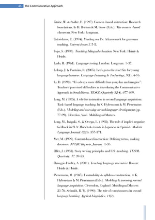45 The Communicative Approach
Grabe, W. & Stoller, F. (1997). Content-based instruction: Research
foundations. In D. Brinton & M. Snow (Eds.). The content-based
classroom. New York: Longman.
Gabrielatos, C. (1994). Minding our Ps: A framework for grammar
teaching. Current Issues 3. 5-8.
Irujo, S. (1998). Teaching bilingual education. New York: Heinle &
Heinle.
Lado, R. (1961). Language testing. London: Longman: 1-37.
Leloup, J. & Ponteiro, R. (2005). Let’s go to the zoo! Site for young
language learners. Language Learning & Technology, 9(1), 4-16.
Li, D. (1998). “It’s always more difficult than you plan and imagine”:
Teachers’ perceived difficulties in introducing the Communicative
Approach in South Korea. TESOL Quarterly 32(4). 677-699.
Long, M. (1985). A role for instruction in second language acquisition:
Task-based language teaching. In K. Hyltenstam & M. Pienemann
(Eds.). Modeling and assessing second language development (pp.
77-99). Clevedon, Avon: Multilingual Matters.
Long, M., Inagaki, S., & Ortega, L. (1998). The role of implicit negative
feedback in SLA: Models & recasts in Japanese & Spanish. Modern
Language Journal. 82(3). 357-371.
Met, M. (1999). Content-based instruction: Defining terms, making
decisions. NFLRC Reports, January. 1-35.
Oller, J. (1983). Story writing principles and ESL teaching. TESOL
Quarterly. 17. 39-53.
Omaggio Hadley, A. (2001). Teaching language in context. Boston:
Heinle & Heinle.
Pienemann, M. (1985). Learnability & syllabus construction. In K.
Hyltenstam & M. Pienemann (Eds.). Modeling & assessing second
language acquisition. Clevendon, England: Multilingual Matters:
23-76. Schmidt, R. W. (1990). The role of consciousness in second
language learning. Applied Linguistics. 11(2).
 