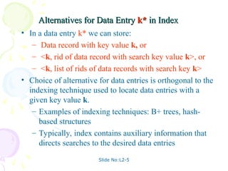 Slide No:L2-5
Alternatives for Data Entry
Alternatives for Data Entry k*
k* in Index
in Index
• In a data entry k* we can store:
– Data record with key value k, or
– <k, rid of data record with search key value k>, or
– <k, list of rids of data records with search key k>
• Choice of alternative for data entries is orthogonal to the
indexing technique used to locate data entries with a
given key value k.
– Examples of indexing techniques: B+ trees, hash-
based structures
– Typically, index contains auxiliary information that
directs searches to the desired data entries
 