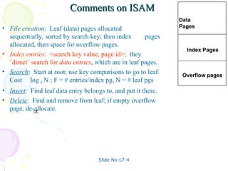 Slide No:L7-4
Comments on ISAM
Comments on ISAM
• File creation: Leaf (data) pages allocated
sequentially, sorted by search key; then index pages
allocated, then space for overflow pages.
• Index entries: <search key value, page id>; they
`direct’ search for data entries, which are in leaf pages.
• Search: Start at root; use key comparisons to go to leaf.
Cost log F N ; F = # entries/index pg, N = # leaf pgs
• Insert: Find leaf data entry belongs to, and put it there.
• Delete: Find and remove from leaf; if empty overflow
page, de-allocate.

Data
Pages
Index Pages
Overflow pages
 