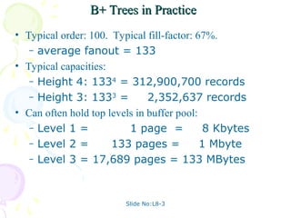 Slide No:L8-3
B+ Trees in Practice
B+ Trees in Practice
• Typical order: 100. Typical fill-factor: 67%.
– average fanout = 133
• Typical capacities:
– Height 4: 1334
= 312,900,700 records
– Height 3: 1333
= 2,352,637 records
• Can often hold top levels in buffer pool:
– Level 1 = 1 page = 8 Kbytes
– Level 2 = 133 pages = 1 Mbyte
– Level 3 = 17,689 pages = 133 MBytes
 