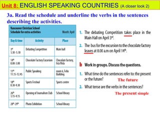 Unit 8: ENGLISH SPEAKING COUNTRIES (A closer look 2)
The future
The present simple
3a. Read the schedule and underline the verbs in the sentences
describing the activities.
 