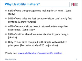 Why Usability matters*
 62% of web shoppers gave up looking for an item. (Zona
    study)
 50% of web sales are lost because visitors can’t easily find
    content. (Gartner Group)
 40% of repeat visitors do not return due to a negative
    experience. (Zona study)
 85% of visitors abandon a new site due to poor design.
    (cPulse)
 Only 51% of sites complied with simple web usability
    principles. (Forrester study of 20 major sites)

(*) data from www.usabilitynet.org/management/c_cost.htm

dsbw 2011/2012 q1                                                10
 